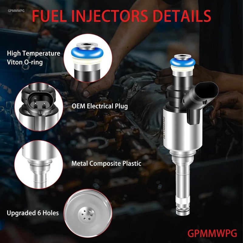 GPMMWPG 4Pcs Fuel Injectors 06H906036G Upgraded Injector 6 Holes 2.0L L4 GDI Gas Compatible with Audi A3 A4 A5 A6 Q3 Q5 TT 2008-2016, for VW Passat Jetta CC EOS GTI Beetle Tiguan 2008-2017 Set of 4 - Image 3